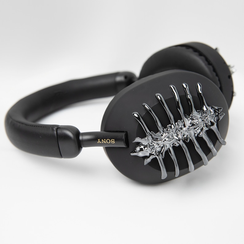 May include: Black over-ear headphones with a silver, textured, skeletal design on one earcup. The headphones have a black headband and earcups with the word "SONY" printed on the side.