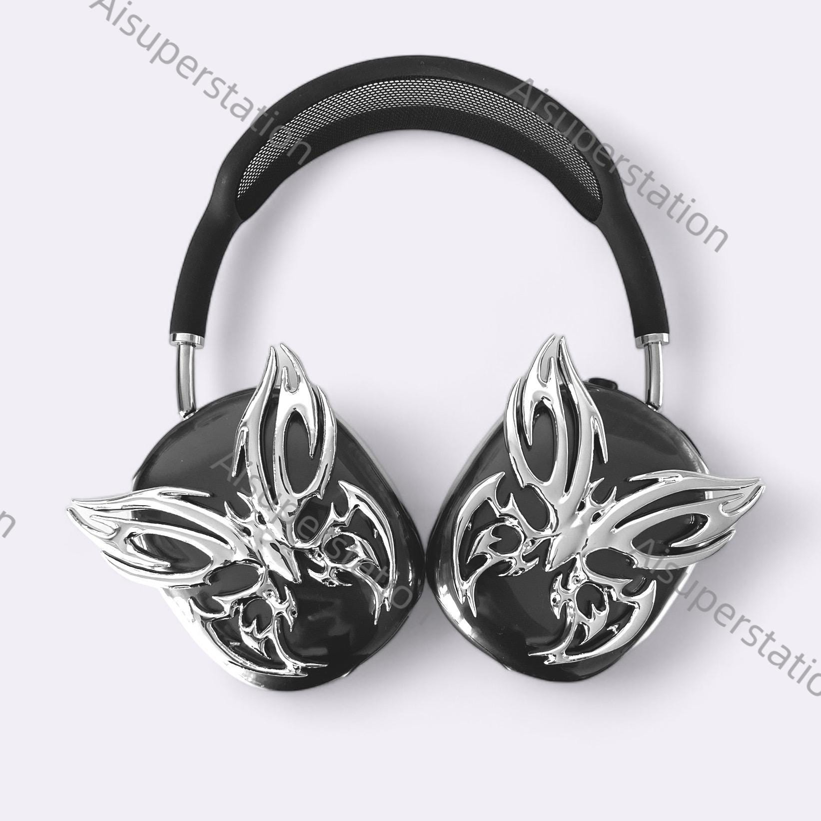 シルバーバタフライAirPods Maxカバー：3Dプリント樹脂製ヘッドホン
