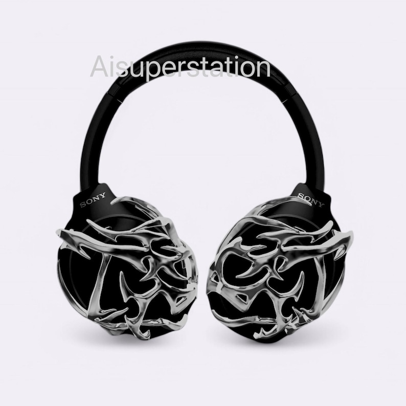 May include: Black headphones with a silver tribal design on the earcups. The headphones have the word "SONY" written on each earcup.