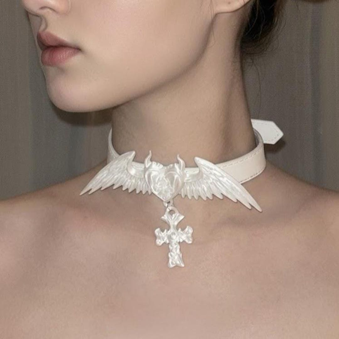 White Winged Heart Choker With Gothic Cross, Angelic Devil Horns ...