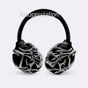 May include: Black headphones with a silver tribal design on the earcups. The headphones have the word "SONY" written on each earcup.
