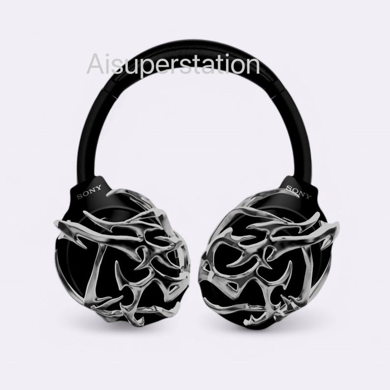 May include: Black headphones with a silver tribal design on the earcups. The headphones have the word "SONY" written on each earcup.