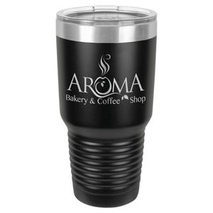May include: Black insulated tumbler with a silver rim and clear lid. The tumbler features the white text "AROMA Bakery & Coffee Shop" with a stylized coffee bean logo. The bottom of the tumbler has a ridged design.