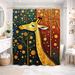 May include: A colorful shower curtain featuring a giraffe with a yellow and orange patterned coat. The background is split into two sections, one dark blue and green, the other red and orange, with gold tree and circle designs.