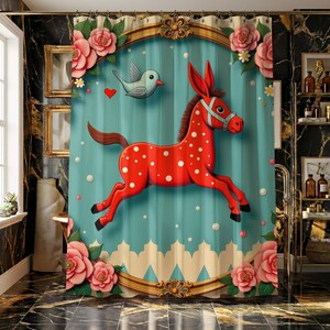 May include: A whimsical shower curtain featuring a red spotted horse leaping across a teal background with a gold frame. Pink roses and a blue bird decorate the curtain, adding a touch of fantasy to the bathroom.