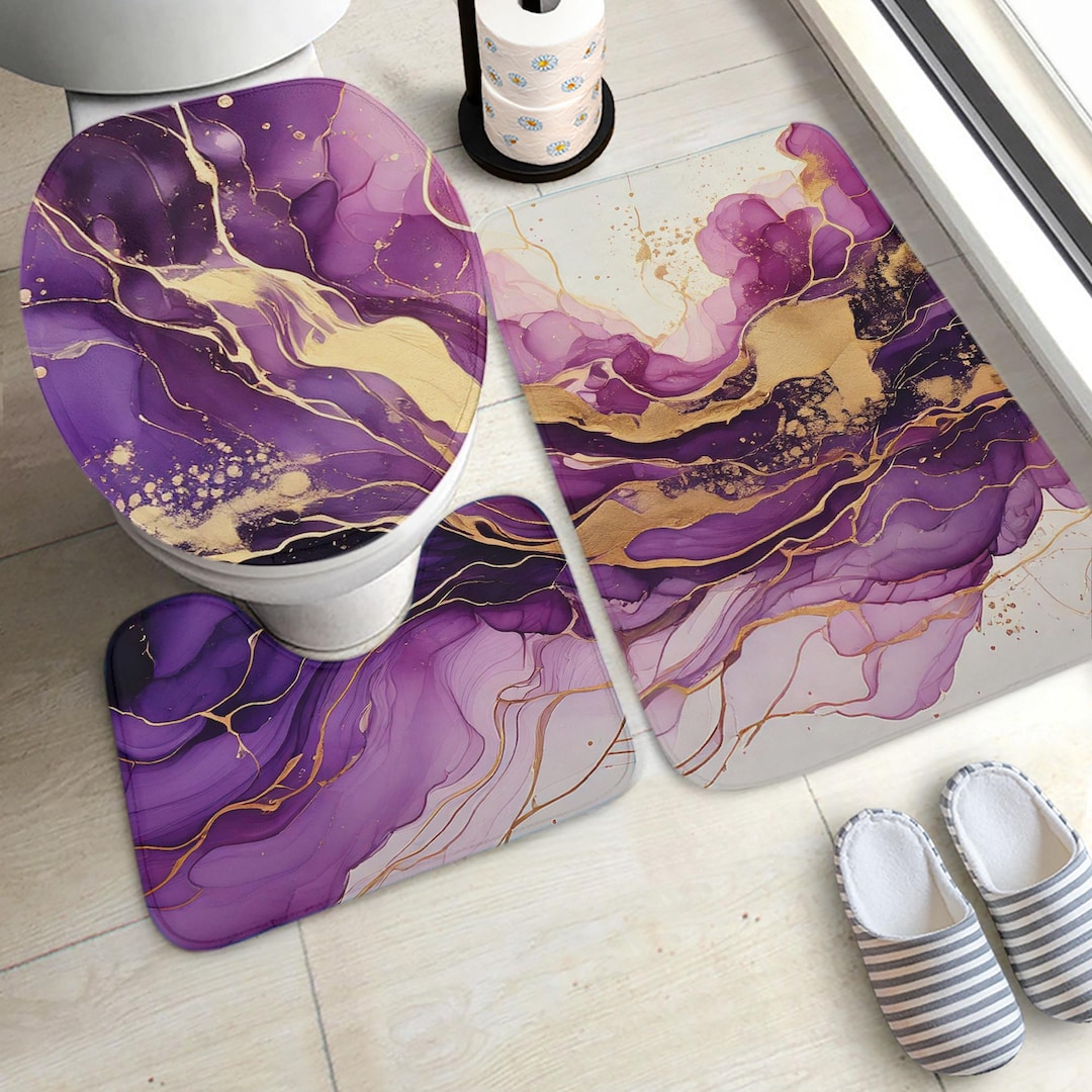 Purple Gold Marble Bathroom Rug Set: Non-slip Bath Mat & Lid Cover - Etsy