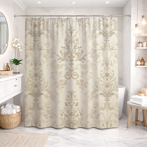 Abstract Beige Damask Art Shower Curtain, Cream Vintage Floral Ornament, Baroque Sand Decor, 72x72