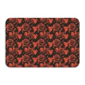 May include: Rectangular mat featuring a repeating pattern of red roses and heart-shaped leaves set against a dark backdrop. The floral design covers the entire surface, creating a striking and romantic aesthetic.