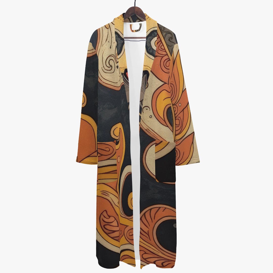 Samurai Bathrobe Mens Abstract Dragon Swirl Pattern Mustard Black Beige ...