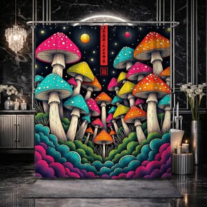 Mushroom Curtain Psychedelic Illustration Colorful Toadstool Forest Neon Pink Teal Gothic Bathroom Decor