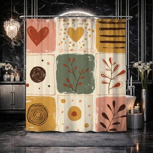May include: A shower curtain with a patchwork design featuring hearts, dots, and botanical elements in shades of red, yellow, green, and brown. The curtain is made of a soft, durable material and is designed to fit standard shower sizes.