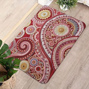 May include: A rectangular red doormat with a detailed, colorful floral and paisley design. The mat features a variety of circular and spiral patterns in shades of red, pink, yellow, and cream. The design is intricate and visually appealing.