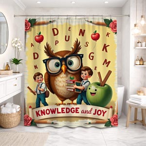 以下が含まれることがあります： メガネをかけた漫画のフクロウ、2人の子供、そして笑顔の緑色のリンゴが描かれたシャワーカーテン。カーテンには「KNOWLEDGE and JOY」の文字がバナーに書かれており、文字と赤いリンゴが浮かんでいます。