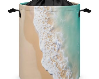Cesta de lavandería con impresión fotográfica aérea, costa de playa, arena turquesa, decoración costera, almacenamiento