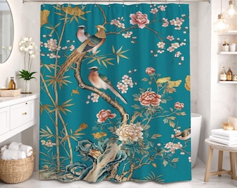 Chinoiserie Shower Curtain Art Nouveau Birds Bohemian Teal Pink