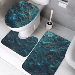 Ensemble de 3 tapis de salle de bain 3 pièces en marbre liquide tourbillon bleu sarcelle, art fluide abstrait, décoration moderne