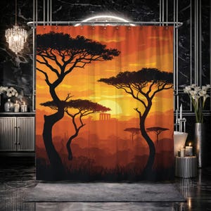 May include: A shower curtain featuring a silhouette of African trees against a vibrant sunset. The design includes a large sun, distant hills, and a warm color palette of orange, yellow, and black. This decorative curtain adds a nature-inspired theme to any bathroom.