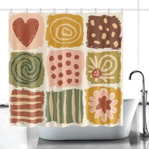May include: A shower curtain featuring a grid of nine square panels with various hand-painted style designs. The patterns include a red heart, yellow and green swirls, brown and pink polka dots, horizontal and vertical stripes, and floral motifs.