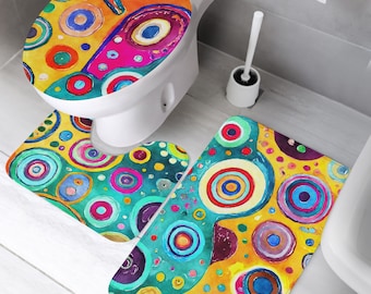 Toilettenmatten-Set - lebendiger abstrakter Aquarell Badteppich, bunte Kreise waschbarer Duschteppich, Boho Circle Art