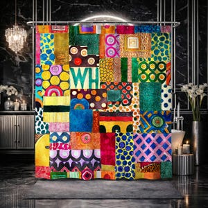 May include: A colorful shower curtain with a patchwork design. The curtain features a variety of patterns, including polka dots, stripes, and geometric shapes, in shades of yellow, blue, green, and red. The letters "WH" are visible on the curtain.