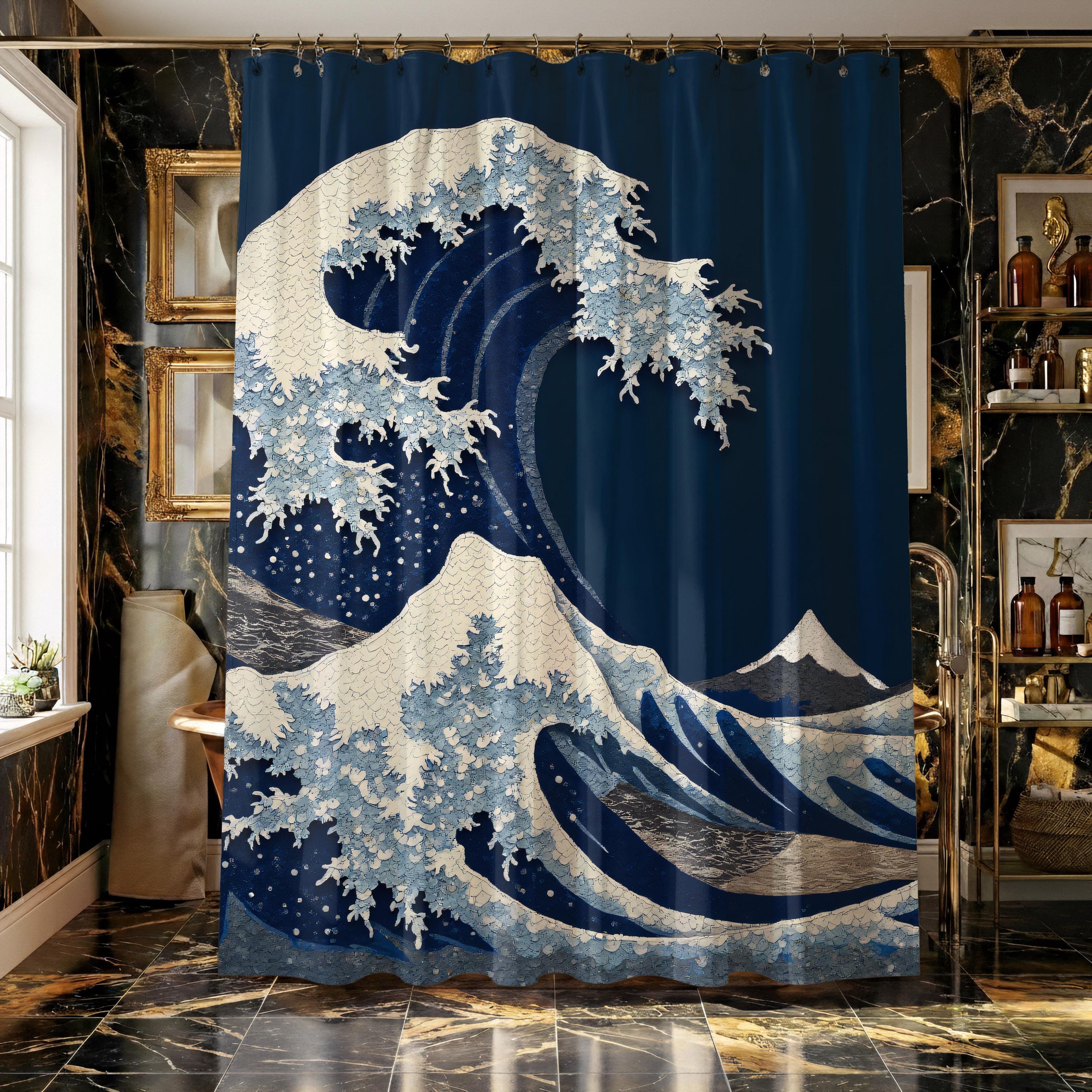 Wave Mosaic Shower Curtain, Hokusai Japanese Ocean Art, Waterproof