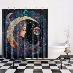 Shower Curtain Set, Celestial Moon Dreams: Abstract Modern Sun Shower Curtain with 12 C-shaped Hooks  Bathroom Housewarming Gift