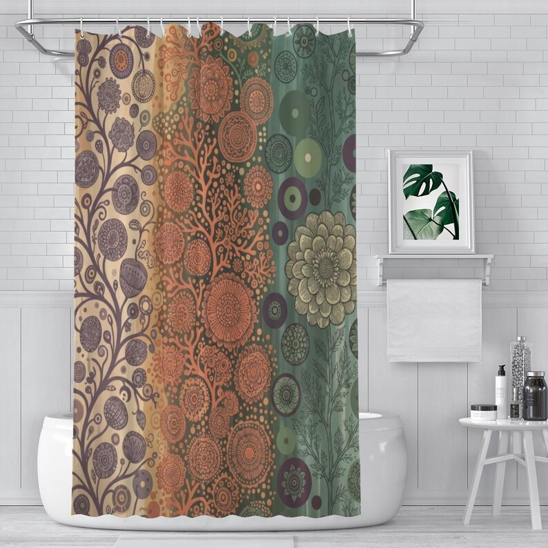 Floral Medallion Shower Curtain, Boho Psychedelic Pattern, Waterproof