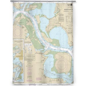 May include: A shower curtain featuring a nautical chart of the Houston Ship Channel, Alexander Island to Carpenters Bayou. The map displays land in tan, water in light blue, and navigational routes in white, with detailed text and grid lines.