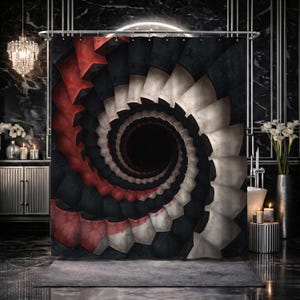 May include: A spiral-patterned shower curtain with a dark, abstract design. The design features a repeating pattern of red, black, and white shapes that create a vortex effect. The curtain is hanging in a modern bathroom setting.