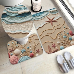 Coastal Beach Ocean Teal 3 Piece Bathroom Rug Set Faux 3D Nautical Washroom Decor