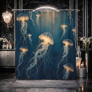 May include: A blue shower curtain featuring a design of glowing jellyfish. The jellyfish have translucent, bell-shaped bodies and long, flowing tentacles. The background is a deep blue with subtle light effects, creating an underwater ambiance.