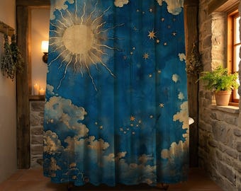 Celestial Sun Stars Shower Curtain Gold Foil Style Blue Sky Art Deco Decor