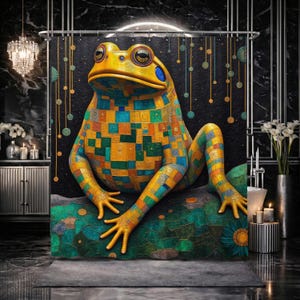 May include: A colorful shower curtain featuring a large, mosaic-patterned frog. The frog is primarily yellow, blue, green, and orange, with a detailed design. The background is dark, and the curtain is set in a modern bathroom.