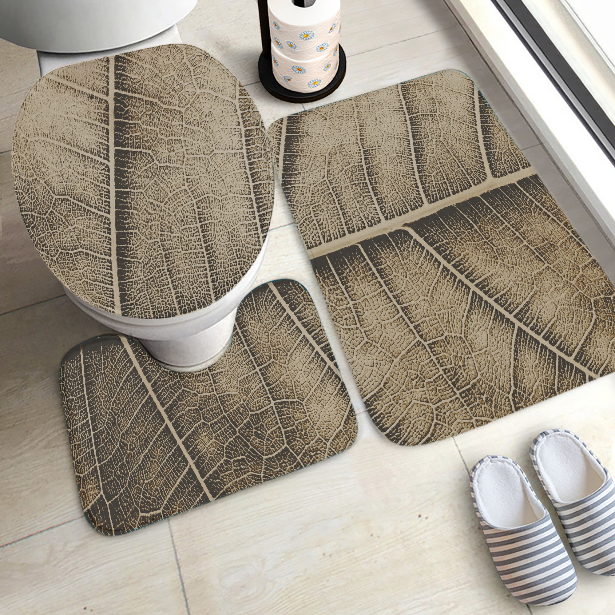 Toilet Rugs Set, Leaf Reverie Refuge: Vintage Blossoms Trio – Beautiful and Sublime 3-Piece Natural-Chic Bathroom Set – Great Home Gift
