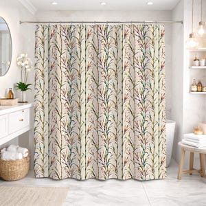 May include: A beige shower curtain featuring a vertical bamboo pattern in green, blue, and purple hues. The curtain is displayed in a bathroom, with a white bathtub and sink. The design suggests a nature-themed bathroom aesthetic.