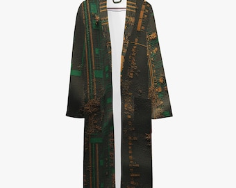 Rusty Circuit Robe, Men's Industrial Green Orange Grunge Print, Lightweight Flannel Bathrobe, Relaxed Loungewear