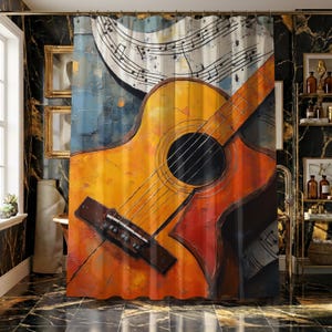 May include: A shower curtain featuring a vibrant, abstract painting of an acoustic guitar. The guitar is depicted in shades of orange, yellow, and red, with black strings and a dark sound hole. Musical notes are in the background, set against a blue and white backdrop.