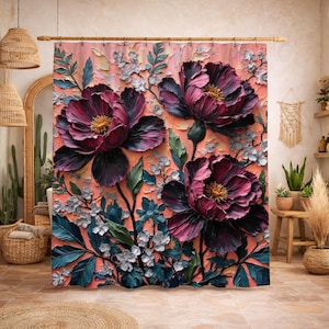 Cortina de ducha floral oscura 3D con estampado de peonías, hojas color melocotón, morado y verde azulado, estilo maximalista.