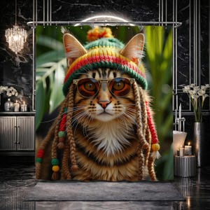 May include: A shower curtain featuring a cat wearing a colorful knit hat, sunglasses, and dreadlocks. The cat has brown and black striped fur. The background is a blurred green and black.