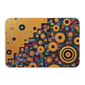 May include: Abstract art print featuring a gold textured background with a stepped design. The design incorporates circles and squares in various sizes and colors, including gold, black, red, and blue. The artwork has a modern, geometric style.