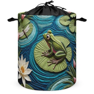 Green Frog Pond Laundry Basket Faux Quilted Print Cottagecore Nature Bathroom Nursery Hamper