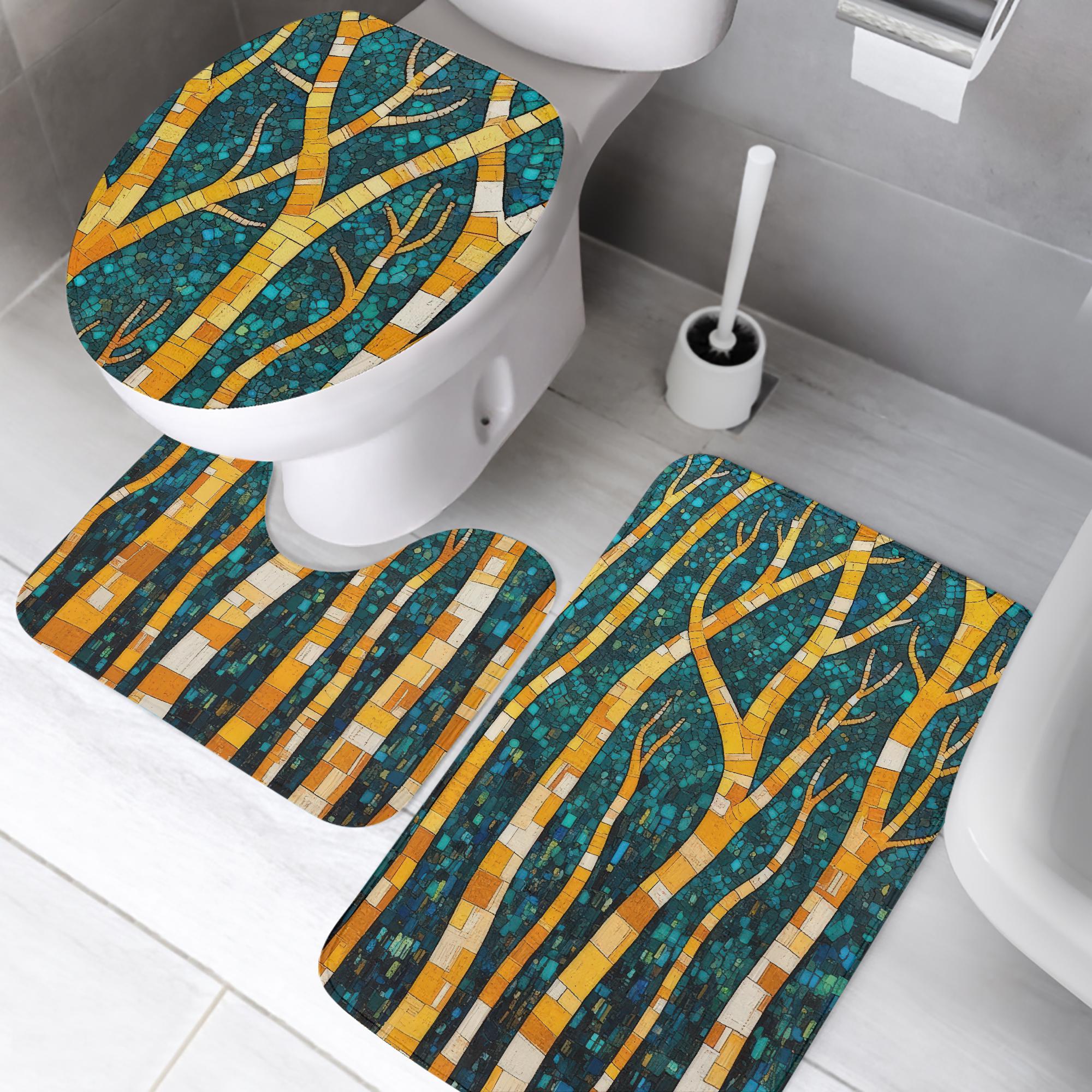 Mosaic Forest Teal Yellow 3 Piece Bathroom Rug Set Birch Tree