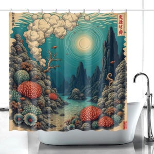 May include: A shower curtain featuring a detailed underwater landscape with rocky formations, coral reefs, and sea anemones in shades of blue, orange, and cream. The scene includes a bright sun, clouds, and Japanese text in the upper corners.