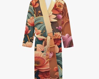 Botanical Bathrobe Art Nouveau Floral Garden Peach Terracotta Sage Bohemian Men's Lounge Robe