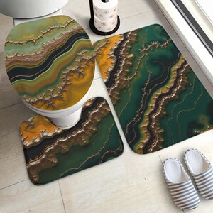 Emerald Agate Bathroom Rug Set, Velvet Texture, Green Gold Marble (3 Pieces)
