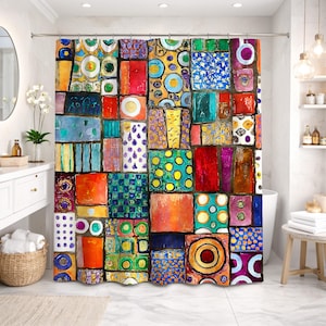 May include: A colorful shower curtain with a patchwork design. The curtain features a variety of rectangular and square shapes in vibrant colors like red, orange, blue, and yellow. The design includes circles, dots, and geometric patterns, creating a bold and artistic statement.
