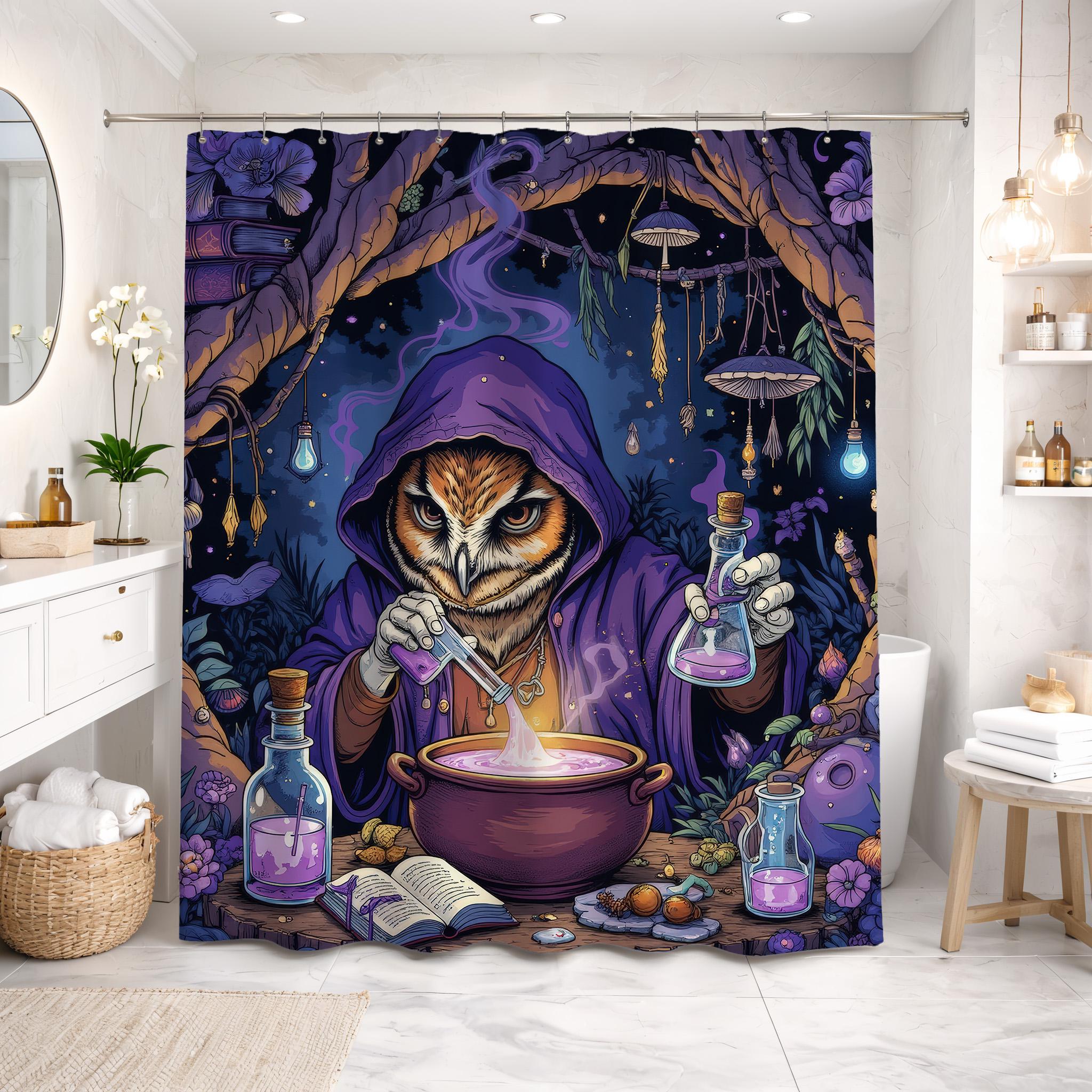 Wizard Owl Shower Curtain Fantasy Illustration Magic Potion Cauldron Forest Purple Blue Mystic Goth 