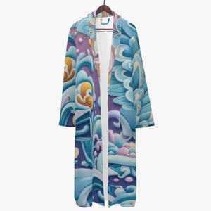 Peut inclure: Longue robe ornée d'un motif floral dans les tons de bleu, violet et or. La robe est suspendue à un cintre en bois. Elle possède des poches et un intérieur blanc.