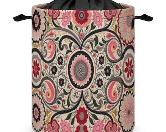 Cesto portabiancheria simmetrico con motivo floreale rosa e rosso, finto ricamo, decorazione boho, organizer per camera da letto.