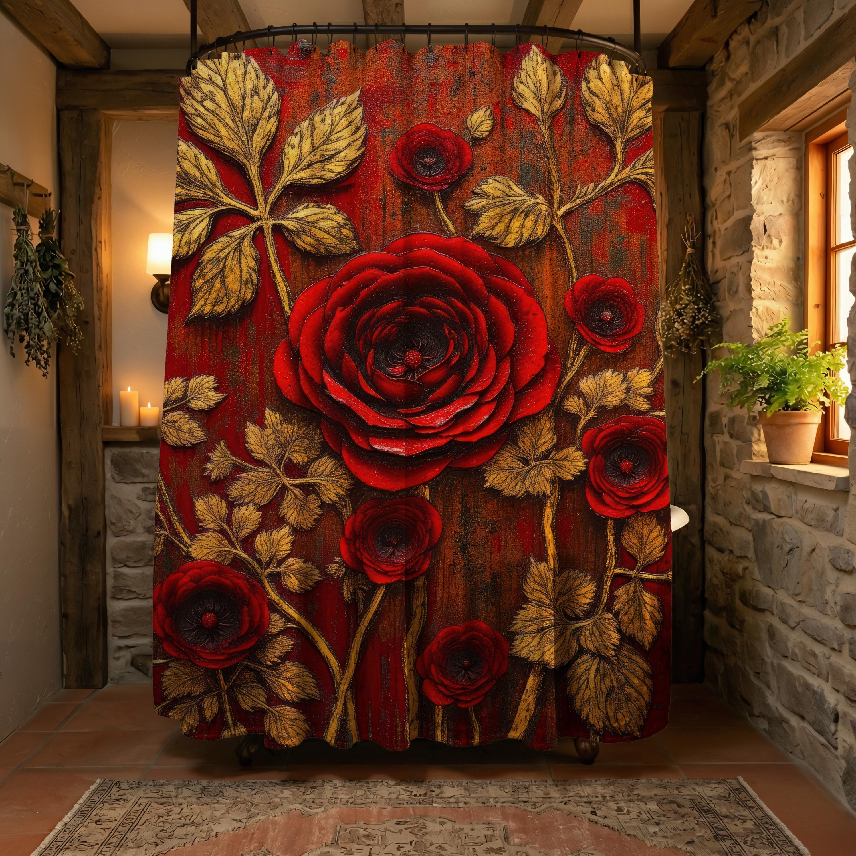 Rose Shower Curtain Textured Floral Relief Art Red Gold Gothic Maximalist Bathroom Decor
